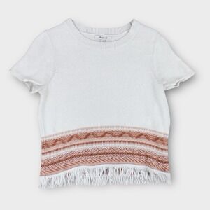 Madewell Women's Short Sleeve Fringe Hem Sweater Top White Rust Pattern Size S
